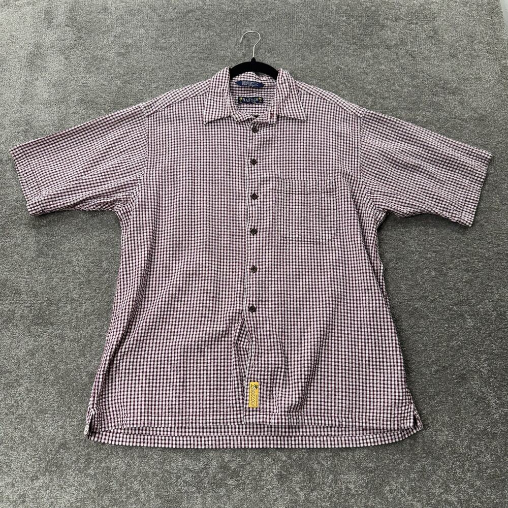 Vintage Y2K Nautica Shirt L Plaid Seersucker Pacific Isles Island Mens 90s Top